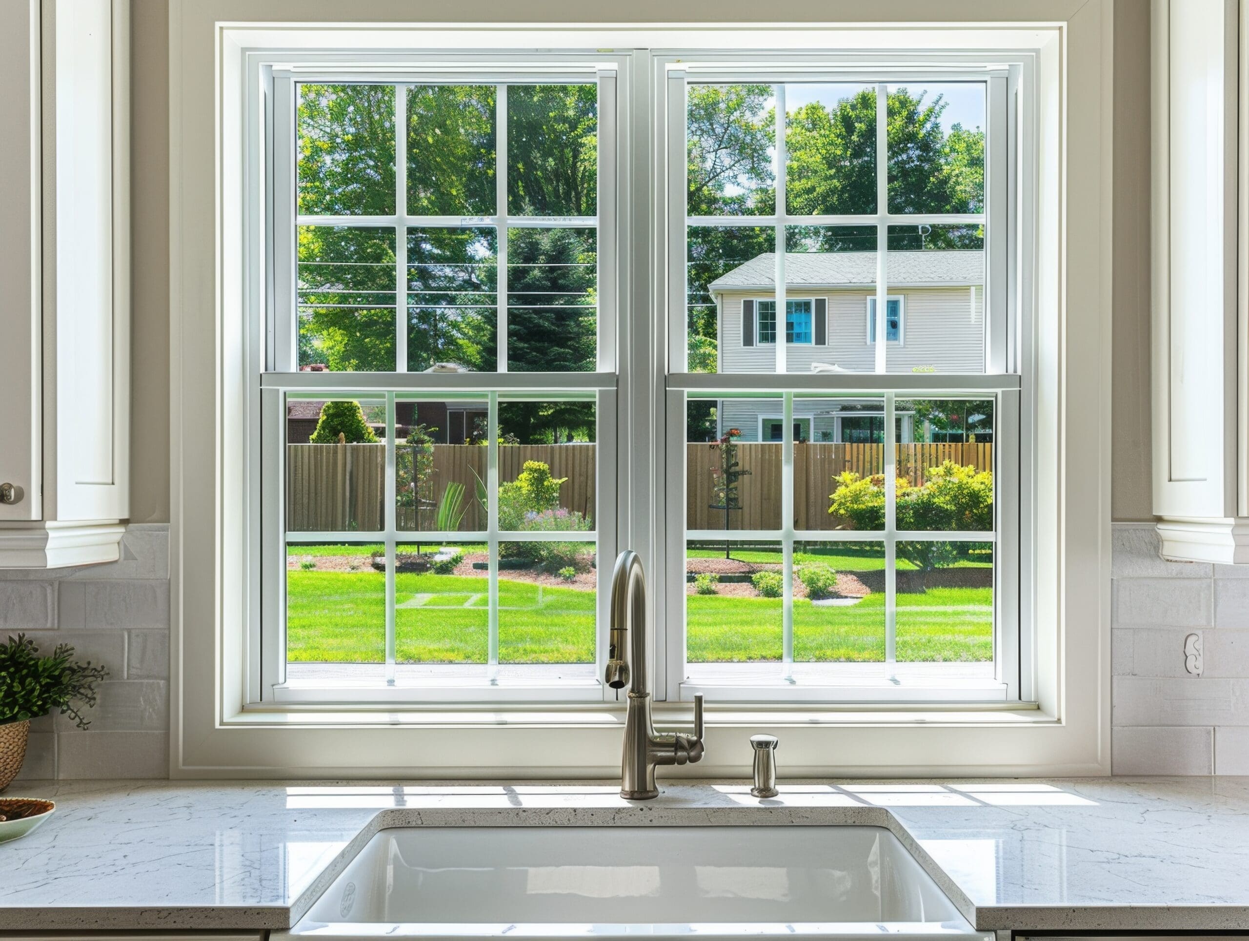 double hung windows in kitchen looking over yard