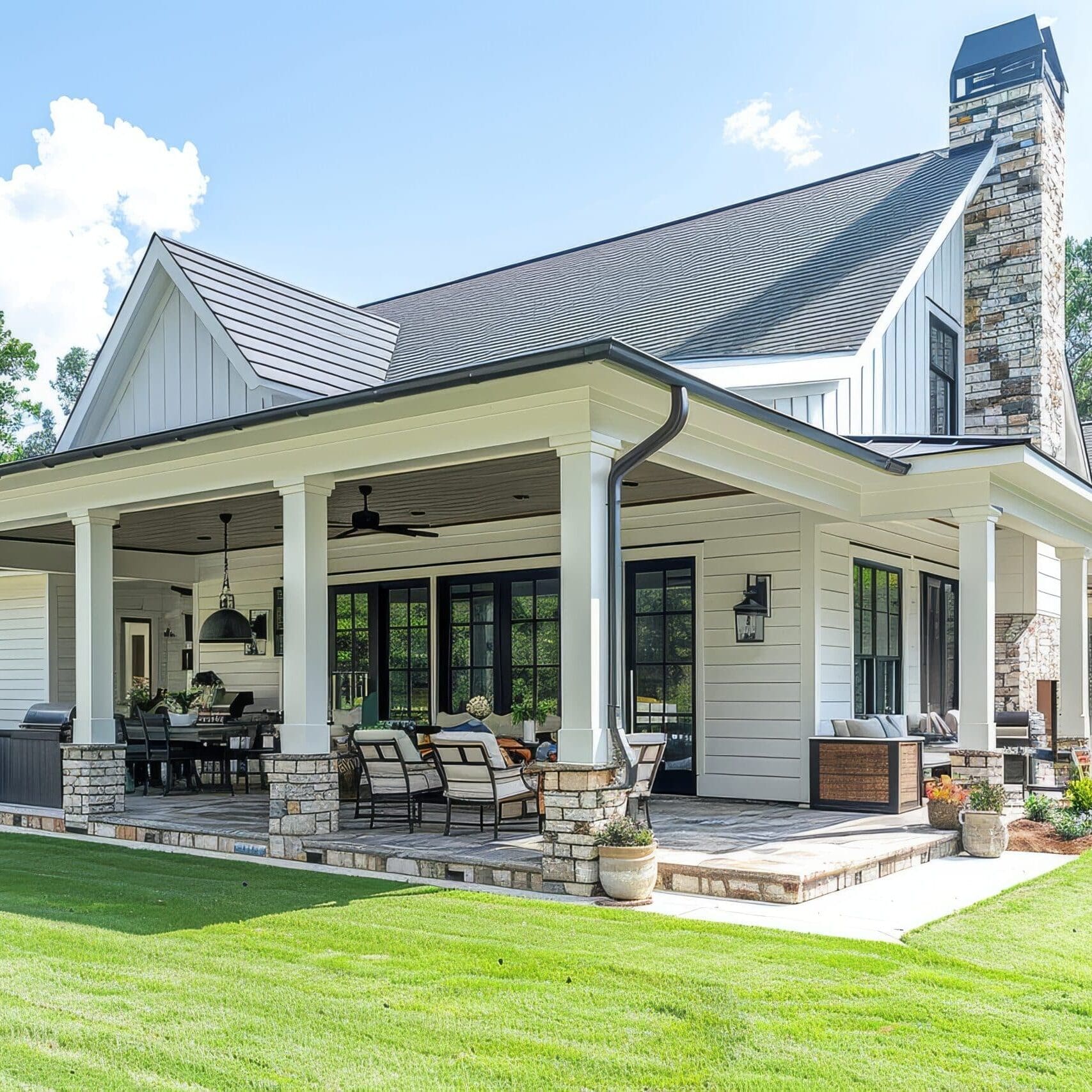 Modern farmhouse in Gainesville, Georgia, with black-trim windows, wraparound porch, stone chimney, and manicured lawn.