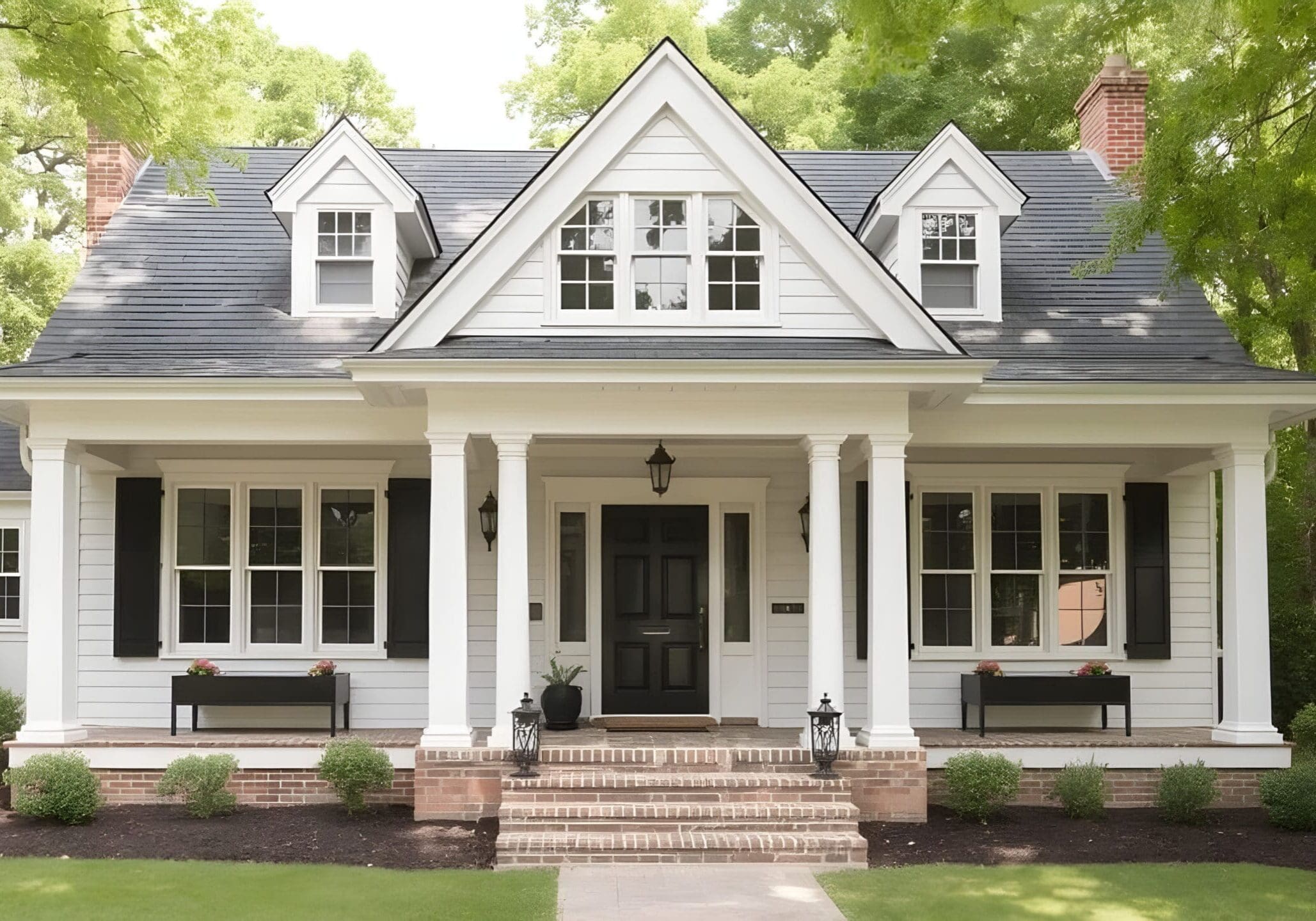 Classic colonial home in North Fulton, Georgia, with white siding, black grid windows, black front door, and columned porch.