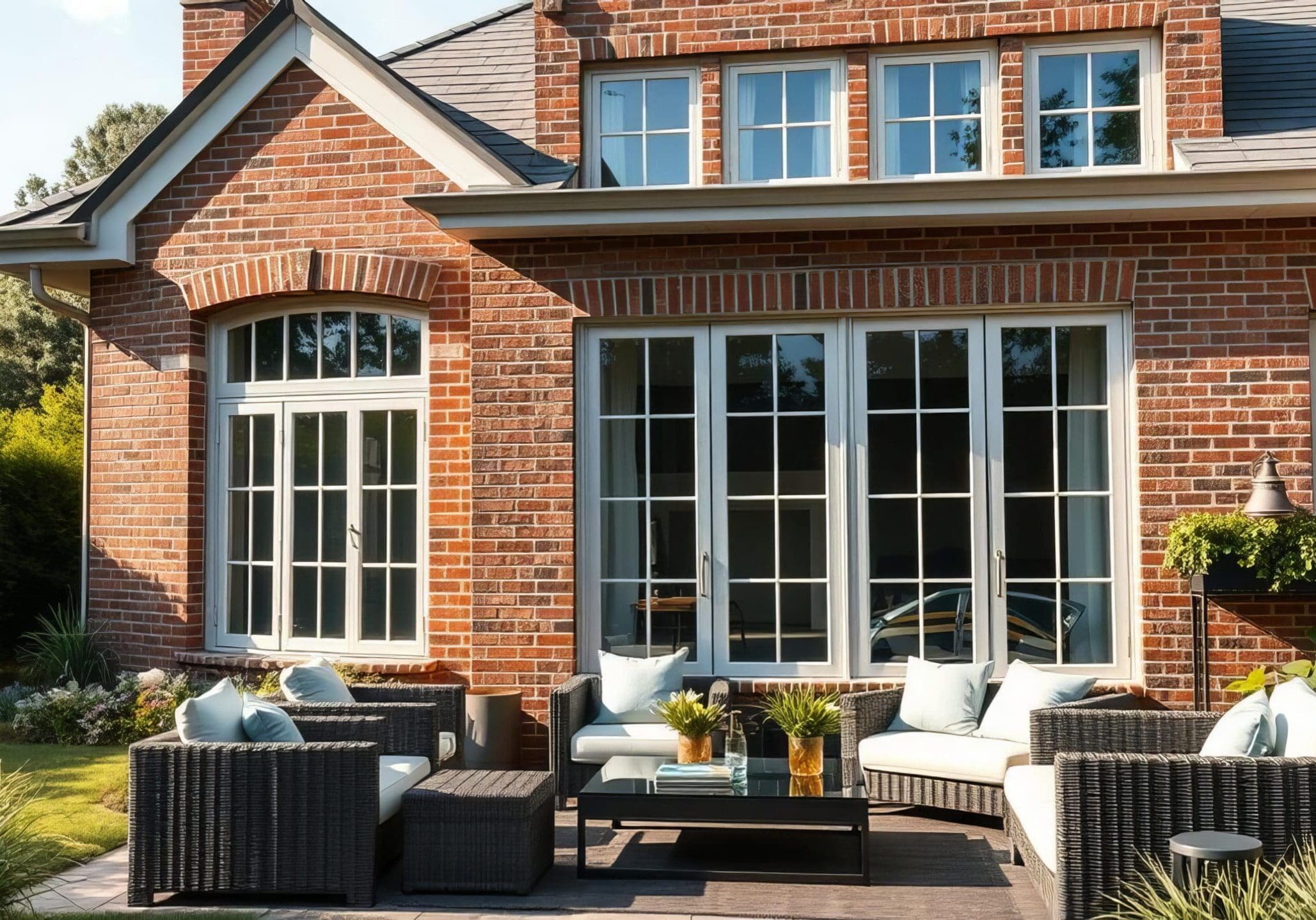 Brick patio home in Milton, Georgia, with large white-trim grid windows and French doors opening to a furnished outdoor space.
