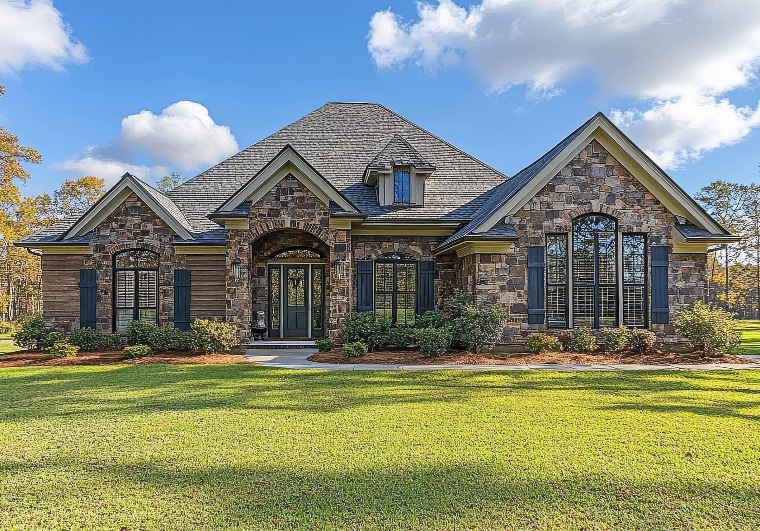Stone and wood house in Marietta, Georgia, with arched windows, blue shutters, and a double front door under a covered entry.