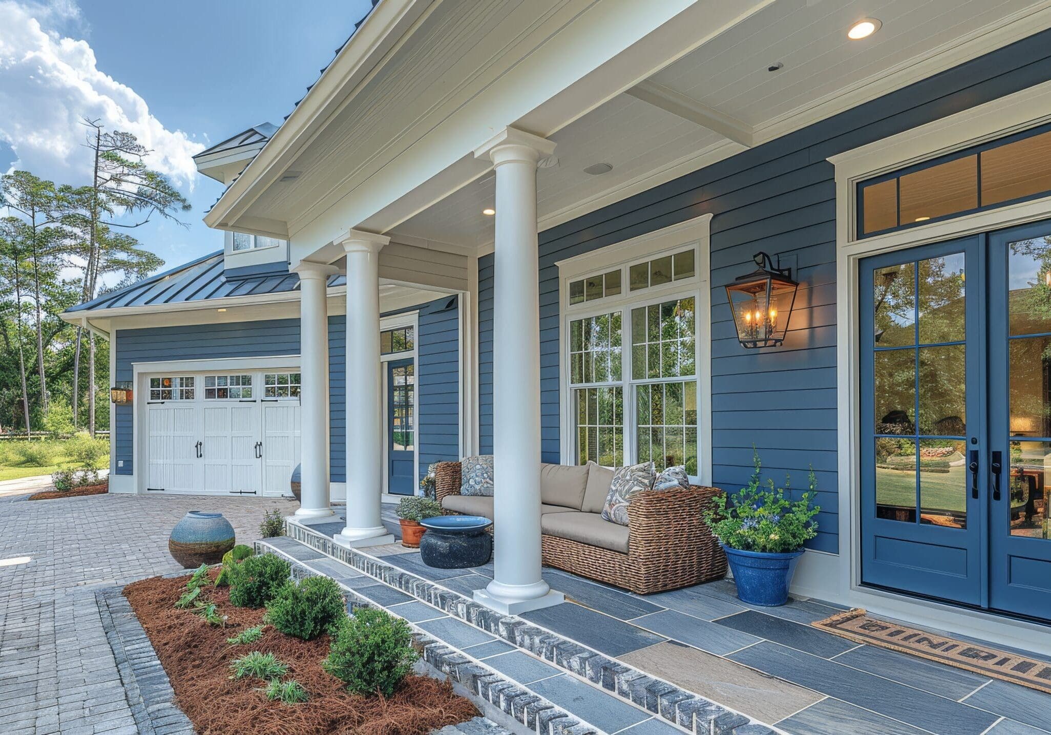 Blue craftsman-style home in Roswell, Georgia, with white-trimmed grid windows, double glass front door, and columned porch.